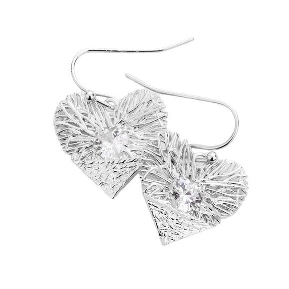 Heart-Shaped Textured Silver Earrings With Crystal Accents‎ - Picture 1 of 8